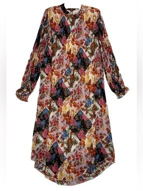 Anthropologie Shara Floral Patchwork Long Sleeve Midi Chiffon Mini Pleat Dress